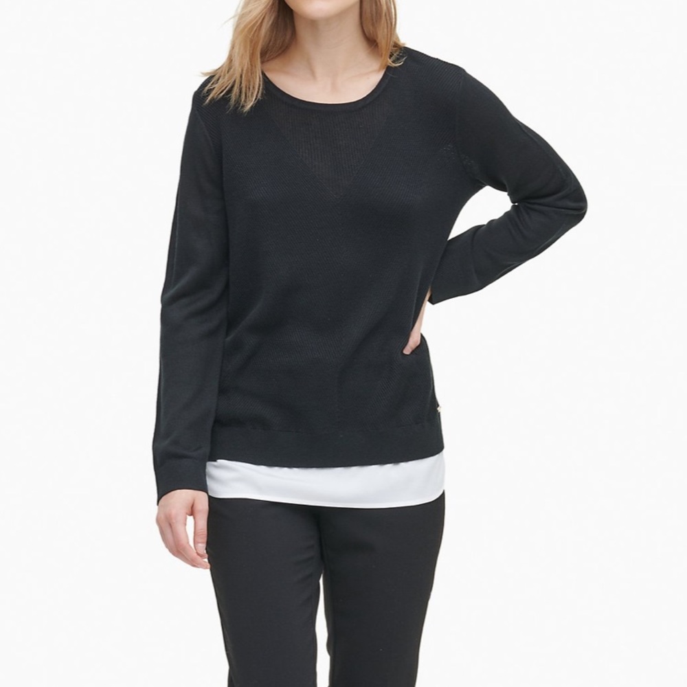 XS Black and White Calvin Klein Textured Stitch Layered Long Sleeve Sweater